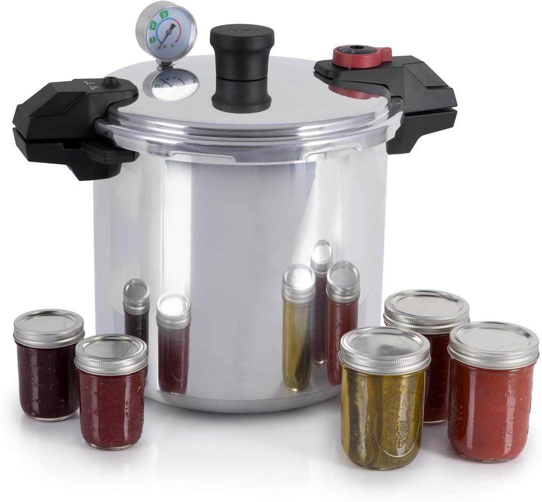 T-fal 22-Quart Aluminum Pressure Canner, 3 PSI Settings, Home Canning, Includes Racks & Canning Guide, Large Capacity, Pressure & Water Bath Canning for Vegetables, Meats, Seafood & Fruits, Silver