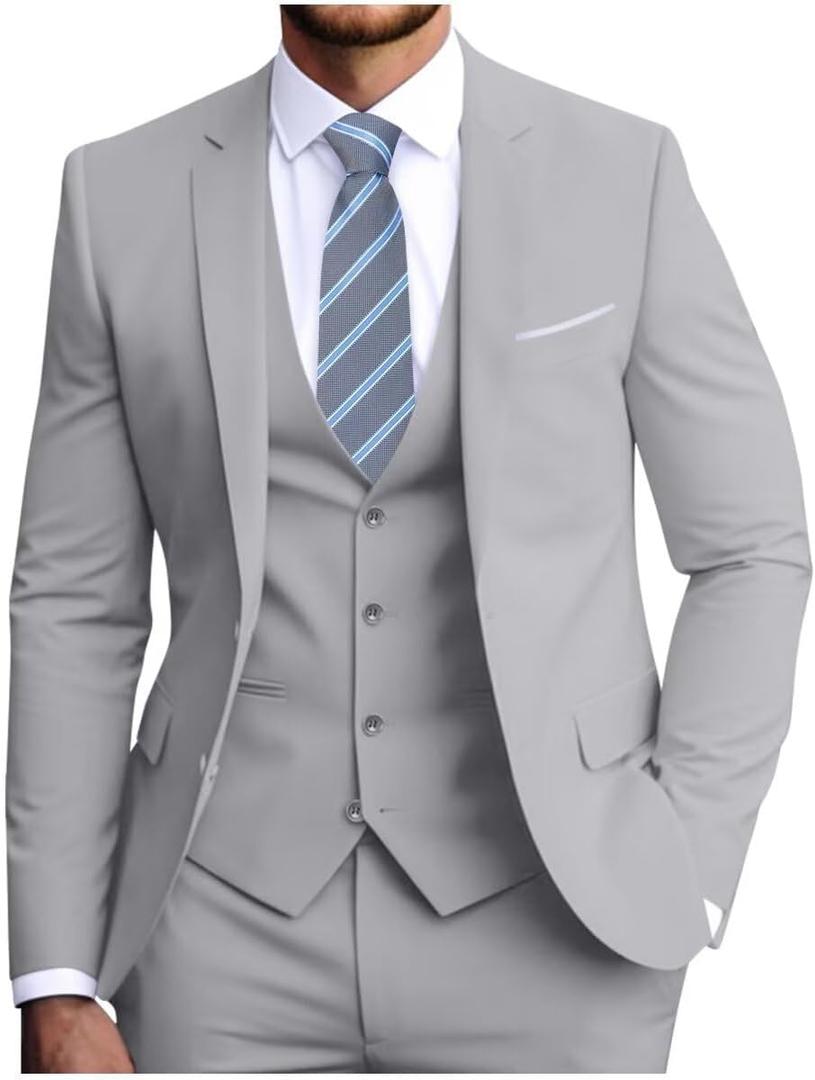 Men's Slim Fit 3-Piece Suit Set, Formal Wedding Tuxedo in Black, Navy Blue (Light Grey, 3XL)