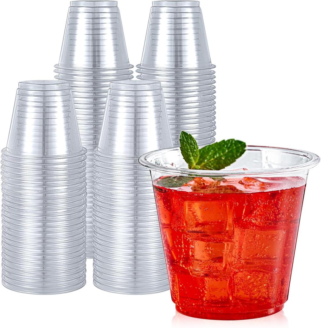 Turbo Bee 100 Pack 9oz Clear Plastic Cups,Disposable Crystal Drinking Cups,PET Plastic Party Cups for Wine,Juice,Iced Coffee and Cold Drinks