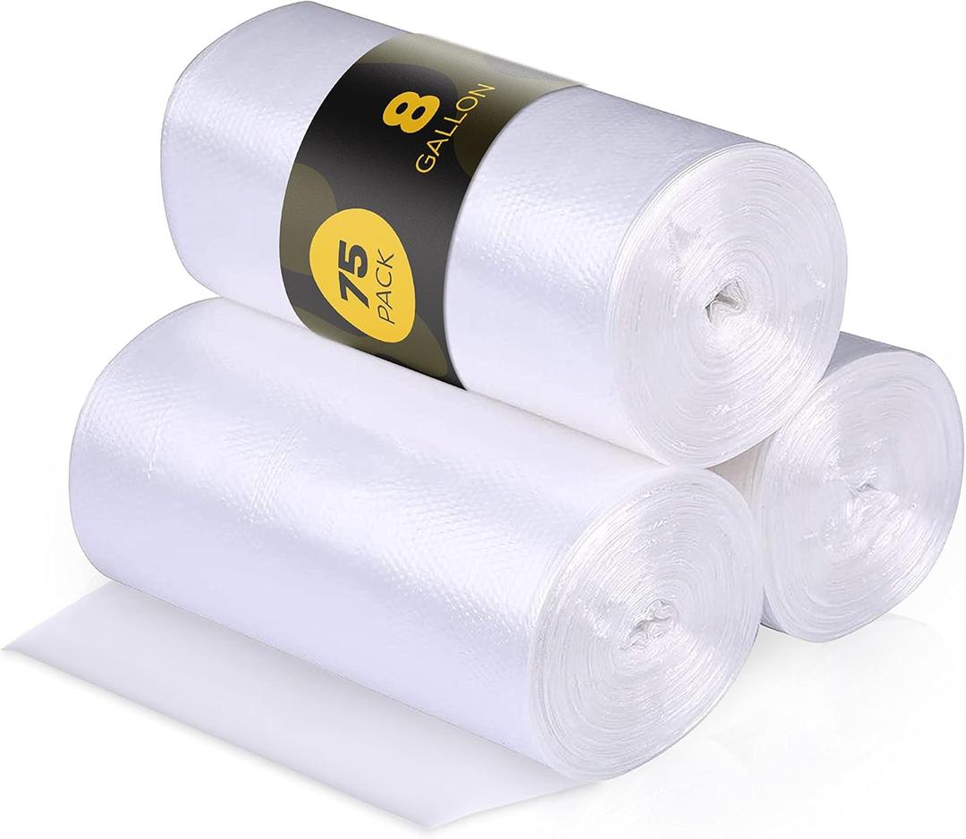 8 Gallon Trash Bags  75 Small To Medium Garbage Bags | 24" x 24" Clear Waste Basket Trash Bags | Commercial Bulk Plastic Bathroom Trash Can Liners | Office Shredder Bags (1 Count (Pack of 75))