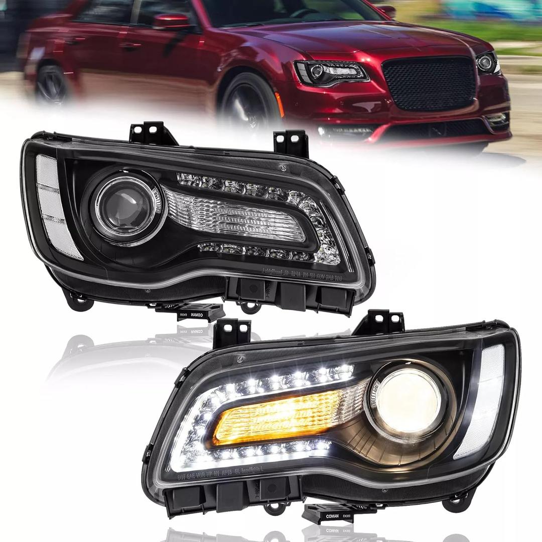 MOSTPLUS LED DRL Headlight Assembly Compatible for 2011-2023 Chrysler 300 Front Lamp w/bulbs Black Housing Clear Lens Clear Corner (set of 2) (Clear+Black+Clear)
