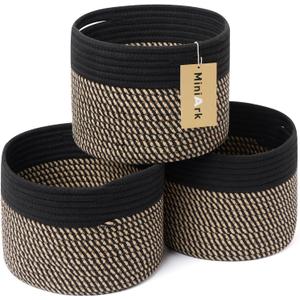 MiniArk Small Basket for Organizing | Cube Shelf Closet Storage Baskets | 9.79.77.1 | Woven Rope Gift Basket | Nursery | Round 3 Packs Black Brown