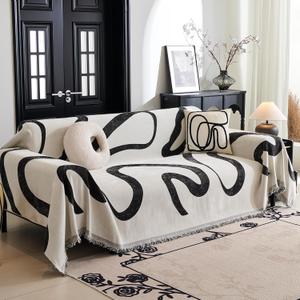 MYSKY HOME Couch Cover for 3 Cushion Couch Sofa Cover, Super Soft Boho Couch Covers for Dogs Washable, Jacquard Sofa Slipcover Furniture Protector for Living Room, 91" x 118", Black Curve