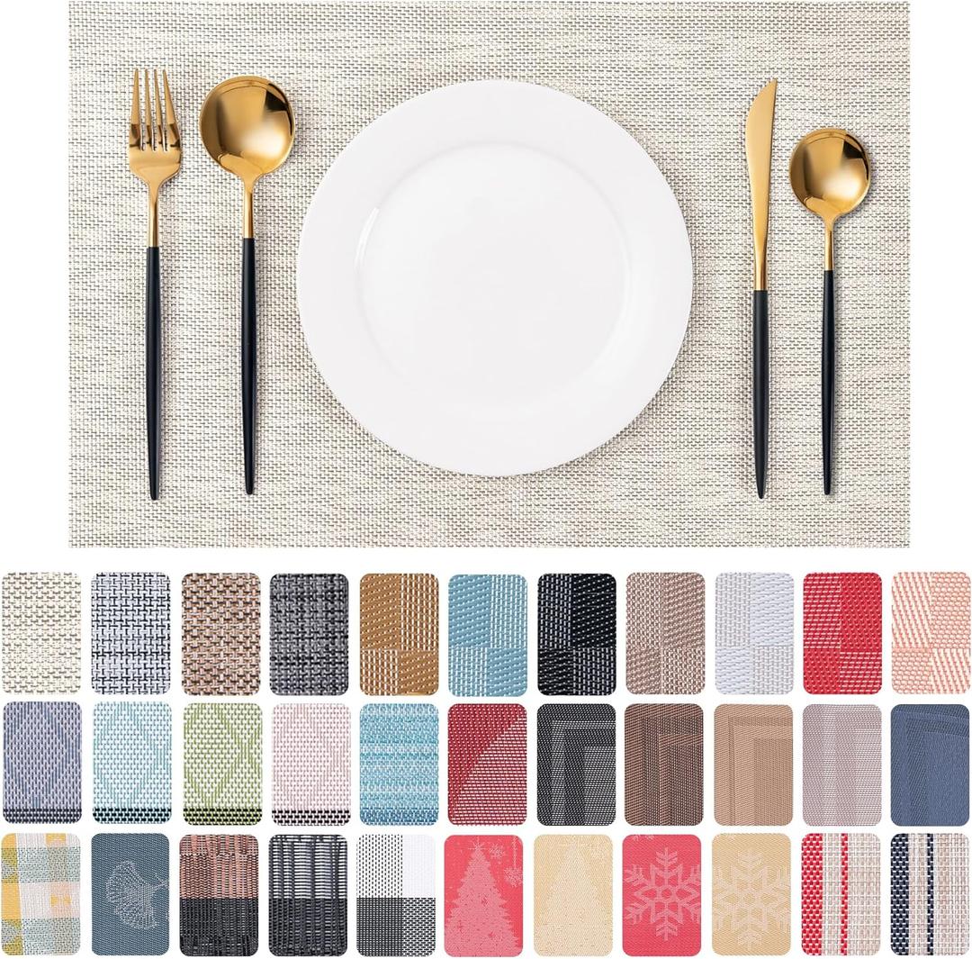 CADONO Placemats Set of 4 Washable Indoor/Outdoor Vinyl Place Mats for Dining Table Durable Non-Slip Heat Resistant PVC Weave Table Mats Beige