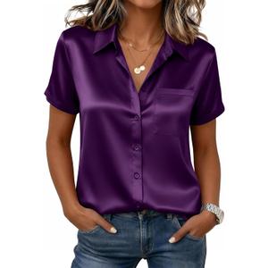 Zeagoo Satin Blouses for Women Silk Button Down Shirts Short Sleeve Business Casual Tops XL