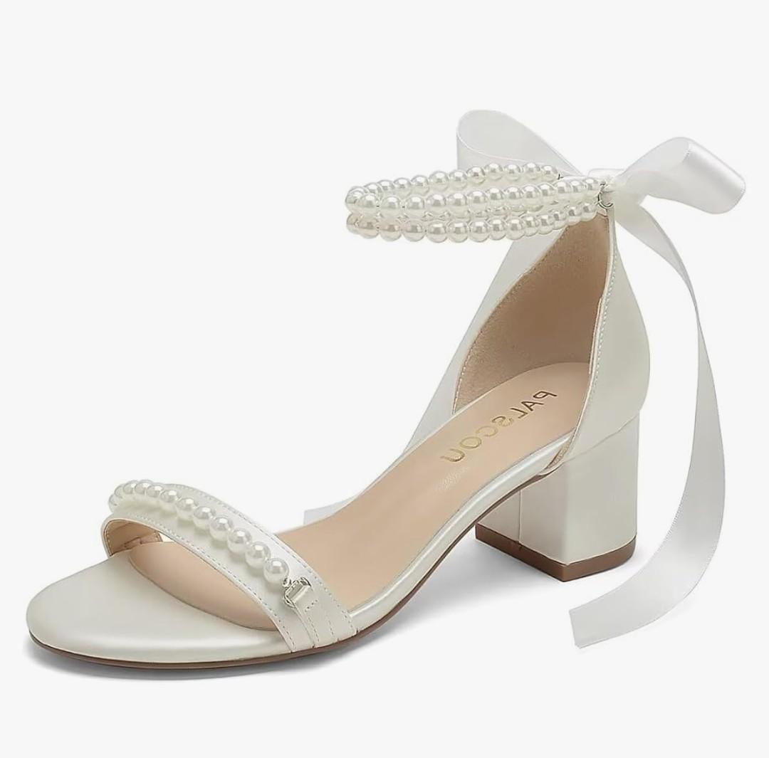 Block Heel Wedding Sandals, Pearl Embellished Ankle Strap, Low Heel Bridal Shoes for Women, Size EU 40