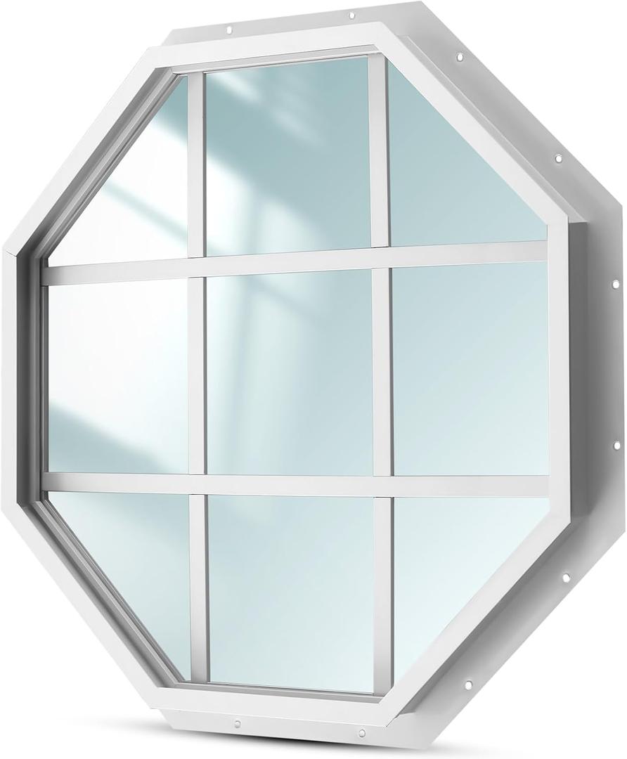 Riakrum 18" Shed Window with Grids Octagon White Flush Mount Shed Window with Tempered Glass Aluminum Household Windows for Playhouses Barns Chicken Coop