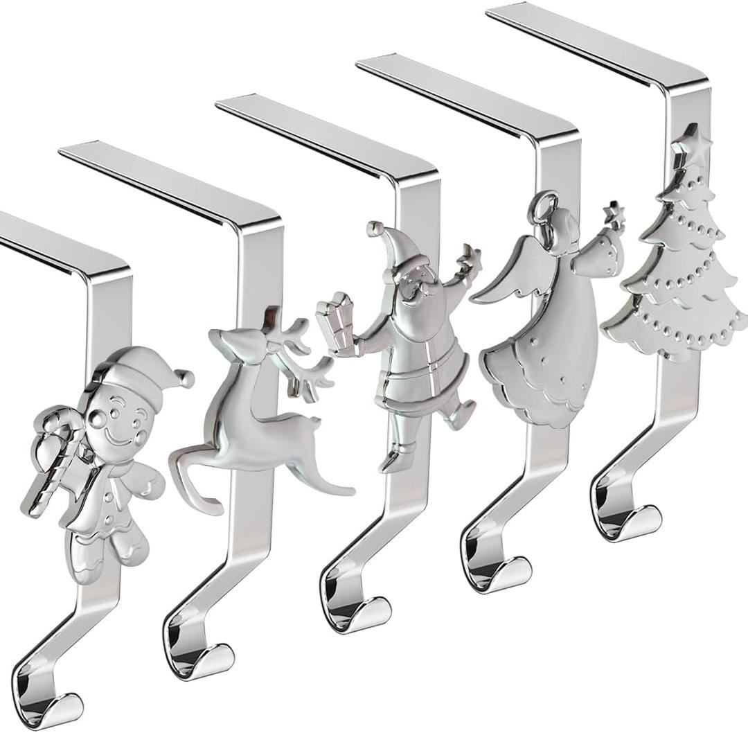 Christmas Stocking Holders for Mantle Set of 5, Reusable Christmas Stocking Hooks, No-Damage Xmas Hanger for Fireplace Mantle Grip Stand Christmas Decoration Ornaments Hanging Shelf Floor (Silver)
