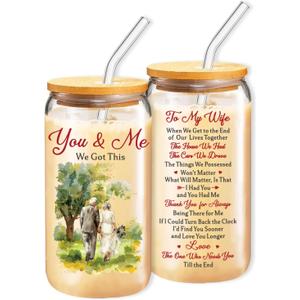 2 x Birthday Gifts for Wife, Glass Cups for Wife from Husband, 16 oz Glass Drinking Cup with Lids and Straws, Anniversary Retirement Sentimental Valentines Day Gift for Wifey (We Got This)