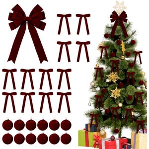 25 Pcs Burgundy Velvet Tree Topper Christmas Ornaments Include Large Christmas Bows Tree Topper 12 Xmas Velvet Balls 12 Burgundy Bows for Xmas Holiday Door Fireplace Wall Party Decor