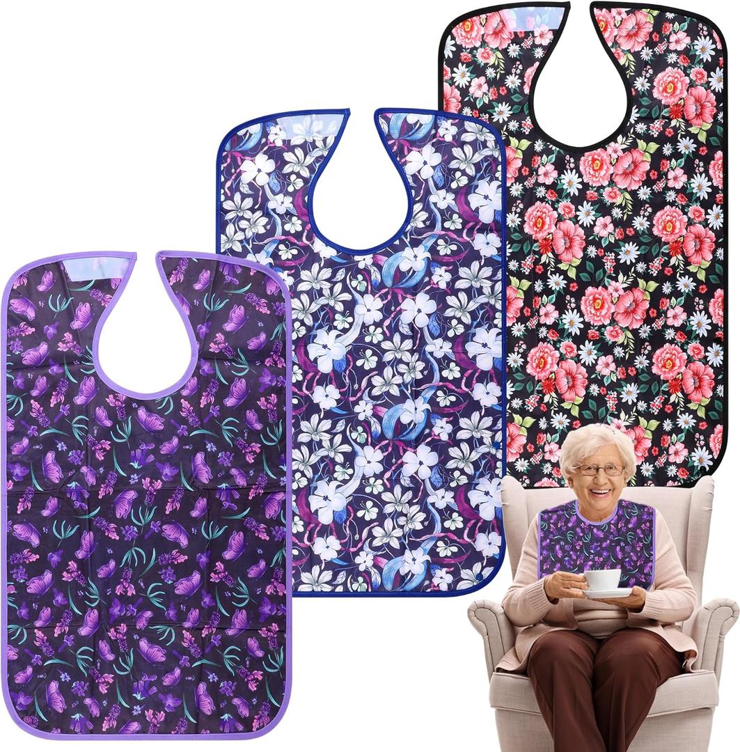 Adult Bibs - 3 Pcs Washable Clothing Protector with Crumb Catcher, Reusable Waterproof Large Feeding Adult Bib for Eating Flowers
