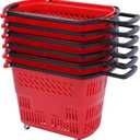 TBVECHI 6PCS Shopping Carts with Wheels and Handle, 35L Red Shopping Basket Plastic Rolling Shopping Basket, Portable Shopping Basket Set in Supermarkets and Retail Stores