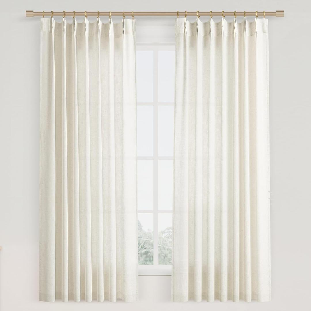 Joywell Linen Pinch Pleated Short Window Curtains 54 Inch Long,Back Tab Clip Rings Semi Sheer Light Filtering Drapes with Hooks for Bedroom Living Room Decor,W40 x L54,Natural Beige,2 Panels Set (40"W x 54"L (Pack of 2), Natural Beige)