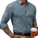 PJ PAUL JONES Long Sleeve Shirts for Men Fashion Button Down Shirt Outfit with Pocket Grey Blue Shirt Men M