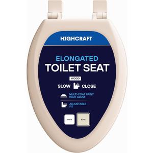 HIGHCRAFT Premium Elongated Toilet Seat with Slow-Close Design & Adjustable Hinges - Molded Wood Toilet Seat - Fits Standard Elongated Toilets - Oval Seat in Bone/Beige
