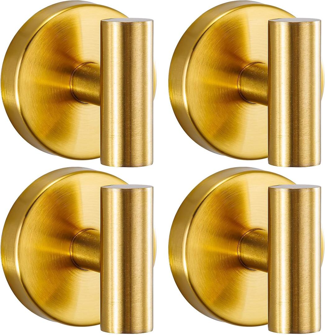 Heavy Duty Reusable Suction Cup Hooks for Shower - No Drill Bathroom/Glass/Mirror/Tiles & Metal Surfaces,and Smooth Non-Porous Surfaces for Towels, Robes, Loofahs (4, Brushed Gold)