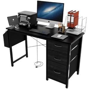 chikro Computer Desk for Home Office - 47 Inch Computer Desk with Fabric Drawers, Power Outlets, Ideal for Daily Work & Study in Bedroom or Home Office (Black)