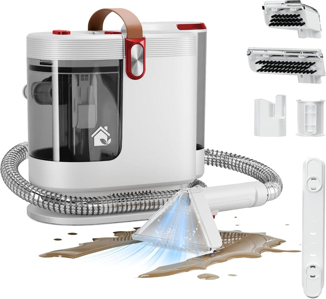 WURESE Portable Carpet Cleaner Machine, 15KPa Powerful Upholstery & Spot Cleaner for Pet Stains, Couches, Stairs & Car Seats – Handheld Deep Cleaner with Self‑Cleaning System & 2 Brushheads, Red