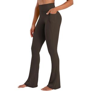 Sunzel No Front Seam Flare Leggings for Women with Pockets Hidden Butt Lifting Scrunch Tummy Control Mini Flared Yoga Pants (Large, Seal Brown)