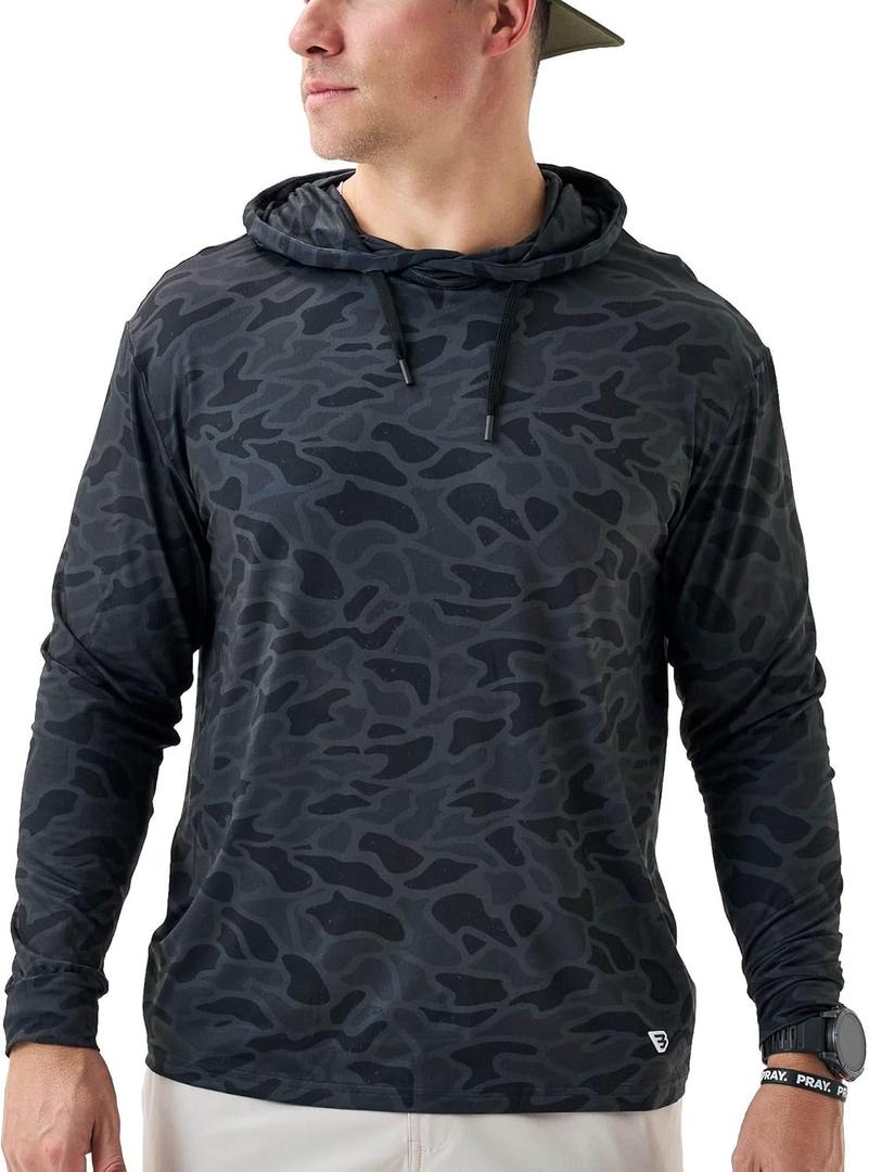 Burlebo Mens Performance Hoodie Lightweight Long Sleeve Pullover, Athletic Fit, Moisture-Wicking, Sun Protection (Black, L)