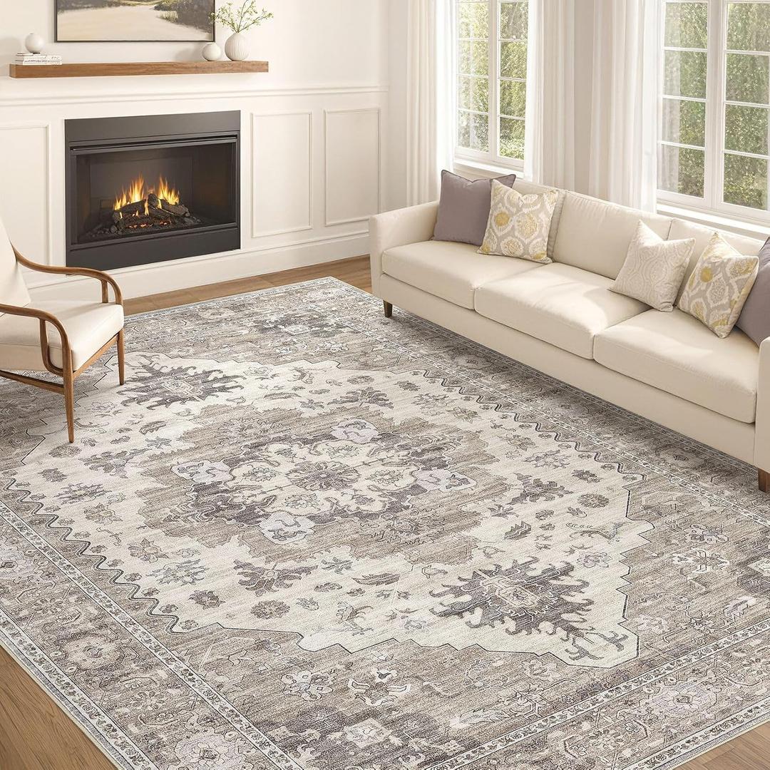 EIEIHOUSE Washable Area Rugs for Living Room - 10x14 Neutral Vintage Distressed Floral Farmhouse Boho Large Soft Floor Rug Indoor Non Slip Carpet for Living Room Bedroom Dining Room Office-Brown/Beige
