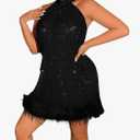 Women's short sleeve dress Neck Hem Dress (L, Black)