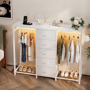 Dresser with Hanging Rack, 5 Drawer Chest with Charging Station & LED, 55.1"D x 13.8"W x 43.3"H