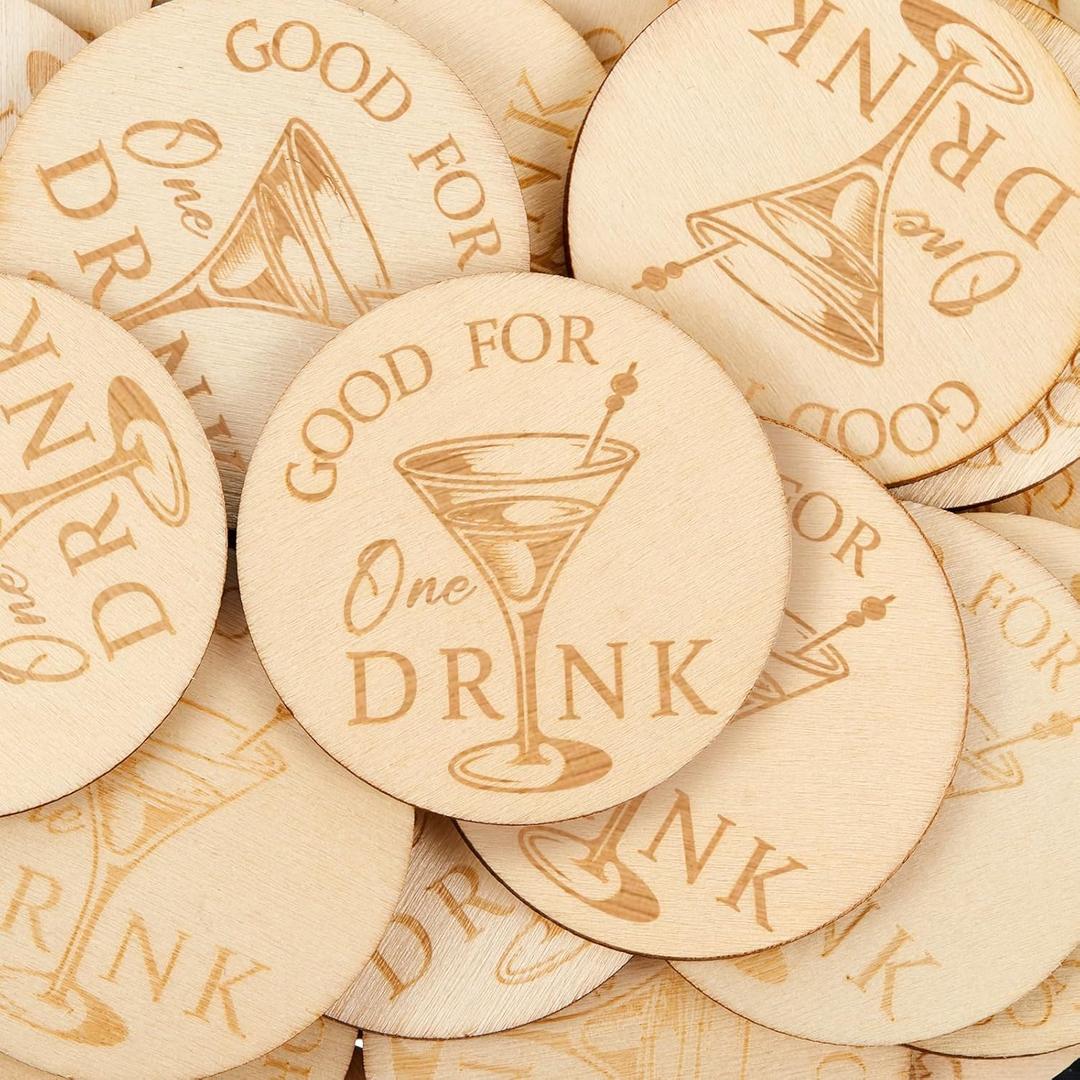 Marsui 100 Pcs Wooden Drink Tokens Bulk for Wedding Personalised Drink Tickets Poker Chips for Guest Wedding Favors Beverage Birthday Tasting Party Bar Table Decoration Supplies(Cocktail Cup Pattern)