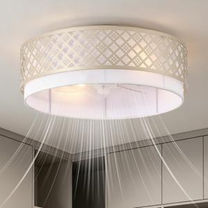 20" Low Profile Ceiling Fans with Lights, | Boho Rattan Ceiling Fan with Light Flush Mount and Remote Control, Fabric Caged with 6 Speeds for Living Room Bedroom Nursery
