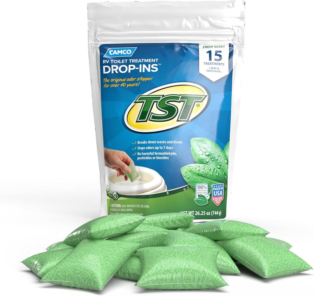 Camco TST RV Toilet Treatment Drop-INs - Control Unwanted Odors and Break Down Waste and Tissue - Septic Tank Safe - Fresh Scent - 15-pack (40264)
