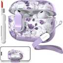 TATOFY for AirPod Pro 3 Case (2025) with Phone Stand Lanyard Lock Cleaning Kit, Compatible with Magsafe, Flowers Hard AirPods Pro 3rd Generation Cover for Women (Purple, AirPods Pro 3)