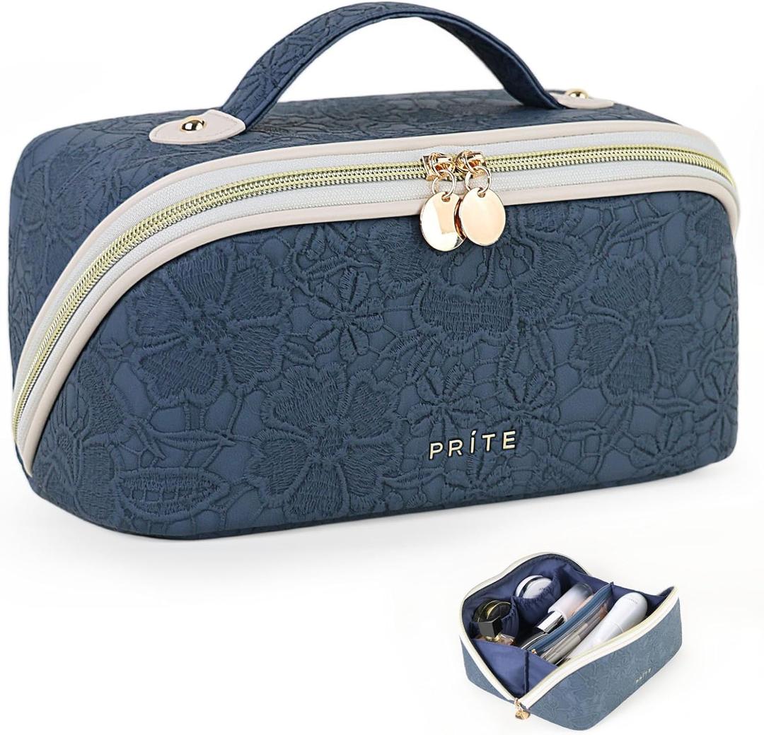 Prite Makeup Bag for Women Travel Waterproof Vegan Leather Cosmetic Bag Open Flat Toiletry Bag With Clear Divider and Handle (Blue Flower, Medium)