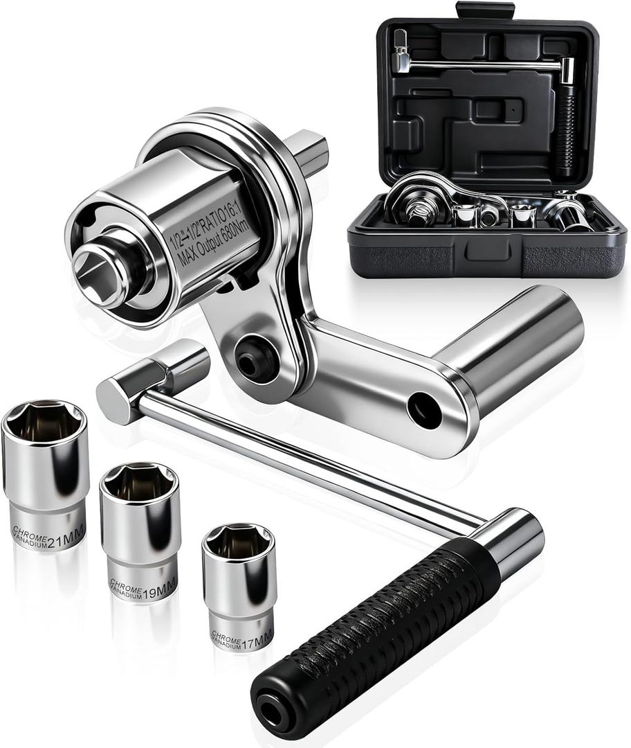 Torque Multiplier Wrench 1:16, Heavy Duty Lug Nut Remover Tool Set with 17mm 19mm 21mm Sockets, 1/2" Drive Labor Saving Tire Removal Tool for Tire Repair