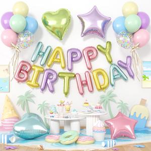 29PC Pastel Happy Birthday Balloon Banner, 16Inch 3D Aluminum Letter Banner Sign, Multicolor Pastel Balloons 18 Inch Star Heart Star Foil Balloon for Women, Men Party Supply