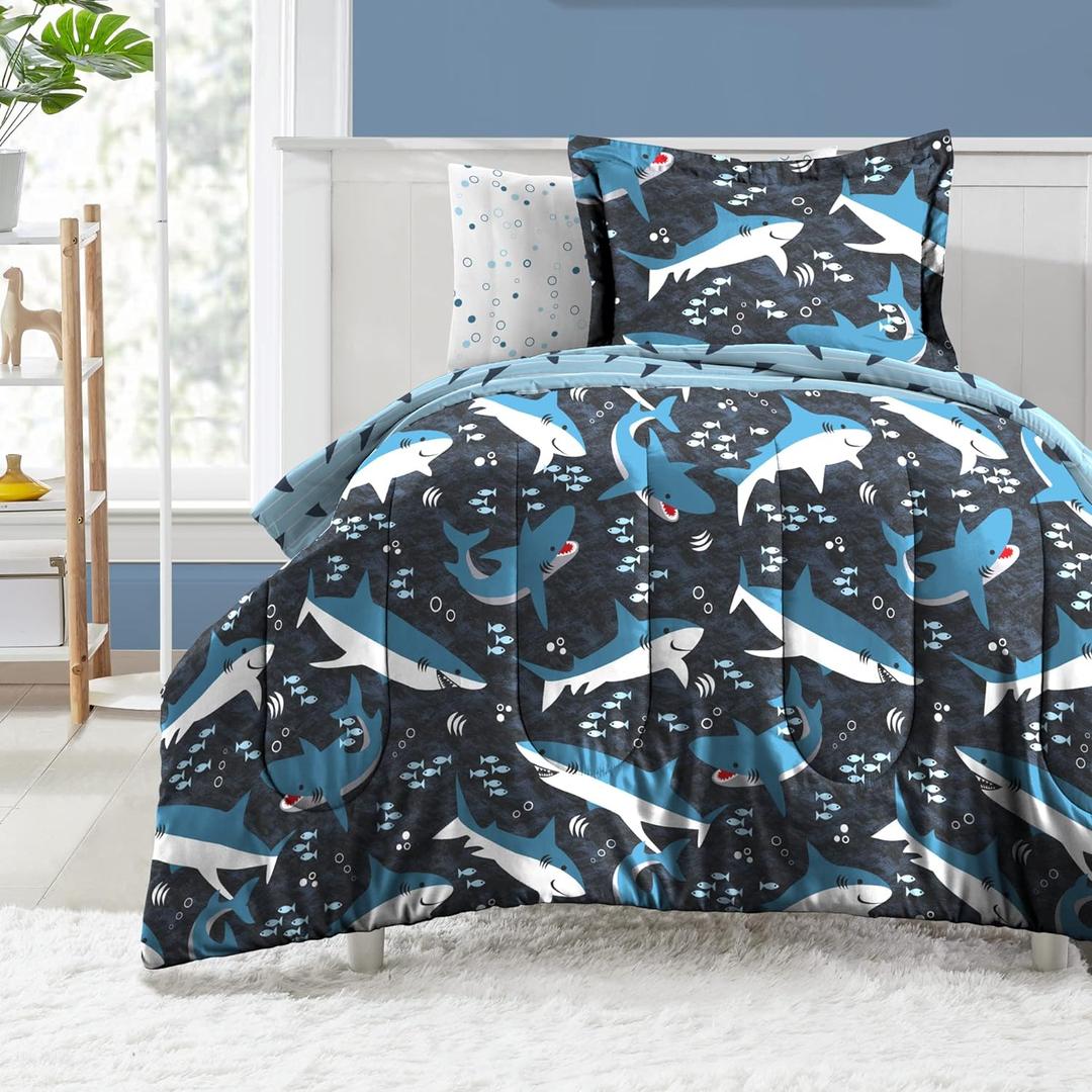 dream FACTORY Kids 5-Piece Complete Set Easy-Wash Super Soft Microfiber Comforter Bedding, Twin, Blue Sharks