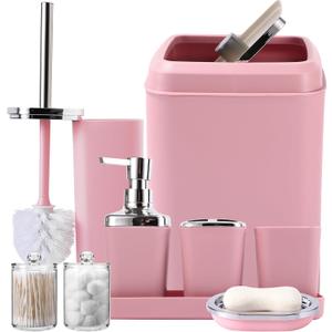 Pink Bathroom Accessories Set, 9PCS Pink Bathroom Accessory Sets Complete with Trash Can, Tray,Soap Dispenser,Soap Dish,Toothbrush Holder,Cup,Toilet Brush and Qtip Holders for Housewarming