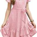 Arshiner Girls Dresses Loose Plain Casual Ruffle Swing Midi Dress with Belt for 5-14 Years (Pink)