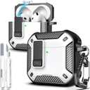 R-fun for AirPods 4 Case with Cleaning Kit, Carbon Fiber Elements Military Drop Proof Auto Pop up Cover, Phone Stand and Magnetic Base with Carabiner Hook Compatible with AirPods 4th Gen 2024, White