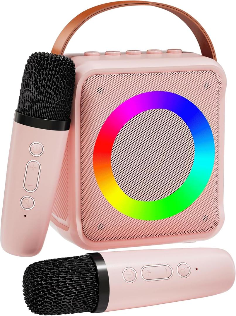 Mini Karaoke Machine for Kids Adults, Portable Bluetooth Speaker with 2 Wireless Microphones, Microphone Speaker Set with LED Disco Lights for Home Party, Birthday Gifts for Girls Boys Kid(Pink)