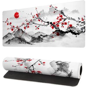 Japanese Cherry Blossom Gaming Mouse Pad 27.6x11.8 Inch Pink Full Desk Sakura Large Non-Slip Rubber Base Waterproof Big Keyboard Mat With Stitched Edges for Office