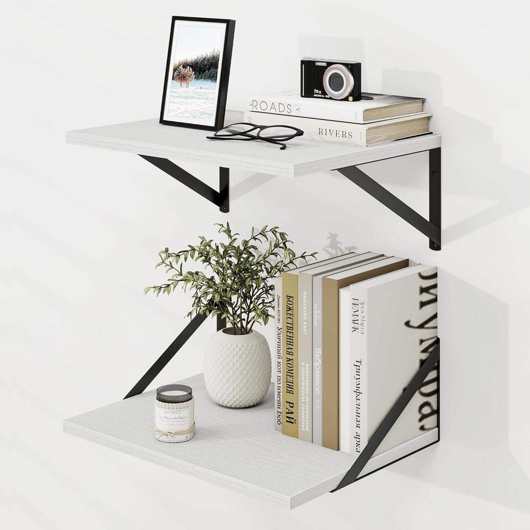 Dreamland Floating Shelves for Wall 16 Inch Long 2 Pack for Bathroom|Kitchen|Bedroom|12 Inch Deep Floating Shelf with Bracket for Books|Plants|Decors Rustic Wall Mounted Shelves|White|16" L x 12" D