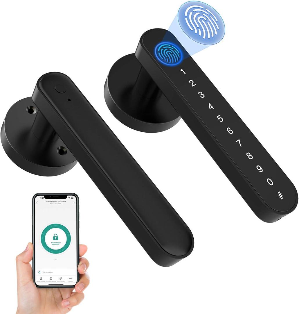 Fingerprint Handle Door Lock Smart Door Lock Levers eLinkSmart Keyless Entry Door Knob for Bedroom Back Front Door Bluetooth App Phone iOS Watch Black