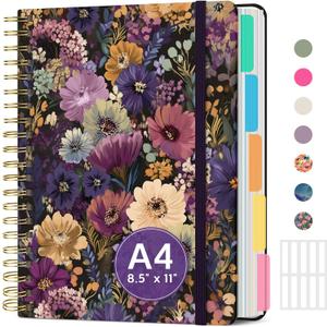 Large Spiral Lined Notebooks for Work with Removable Dividers & Tabs, 8.5"x11" Pretty Hardcover 5 Subject Notebook Journal for Women, College Ruled, Perfect for Study & Office Organization, 280 Pages,Midnight Bloom