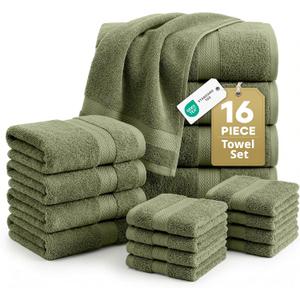 LANE LINEN Luxury Cotton Bath Towel Pack of 16 - Softer, Highly Absorbent & Durable - 4 Bath, 8 Wash cloths, 4 Hand Towels for Bathroom - Premium Look, Spa Quality, Solid Dyed Towels - Oil Green, 16 Piece Towel Set