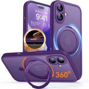 CANSHN 360 Spin Magnetic Stand for iPhone 17 Case with Camera Control [Full Camera Protection] [Compatible with Magsafe] Translucent Matte Shockproof Protective Phone Cover 6.3" - Deep Purple