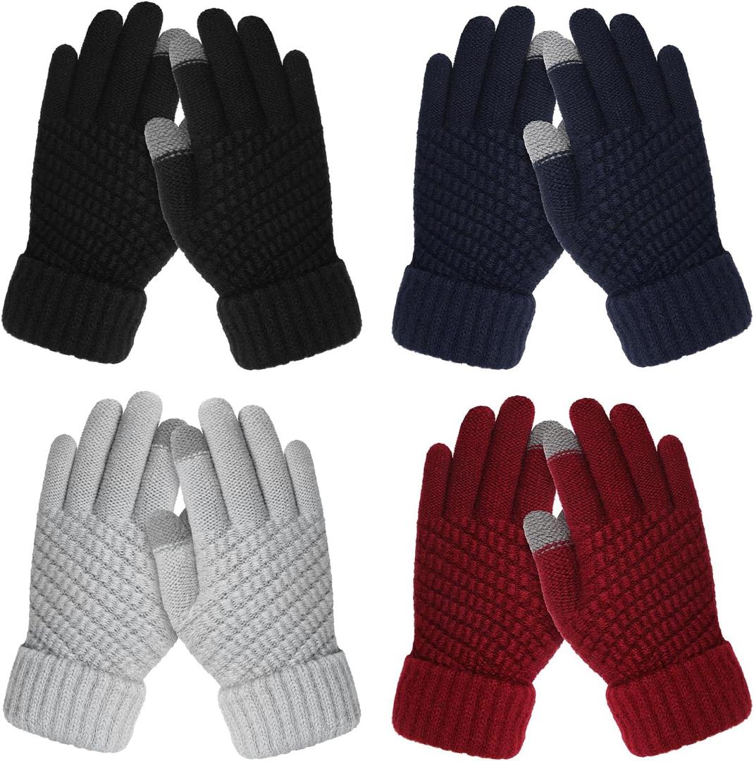 Clothclose 4 Pairs Kids Winter Gloves for Boys Girls, Warm Winter Glove for Kids, Knit Toddler Kid Gloves, Soft Kid Mittens (4 Pack, Black & Grey & Blue & Red)