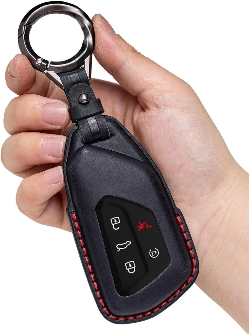 for VW Atlas Key Fob Cover Leather Car Remote Case Holder Keychain Compatible for Volkswagen Tiguan ID4 GTI MK8 Golf 2026 2025 2024 -Black, 7.545 cubic inches