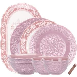 MDZF SWEET HOME 14 Pieces Dinnerware Set, Vintage Mary Purple Plates and Bowls Set, Classic Ceramic Tableware Set Suitable for Weddings, Afternoon Tea