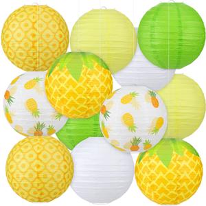Panelee 12 Pcs Pineapple Party Decorations Hawaiian Party Hanging Supplies 8 Inches Round Paper Lanterns for Tropical Luau Birthday Holiday Bachelorette Decor Supplies