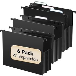 Plastic Extra Capacity Hanging File Folders,6 Pack Heavy Duty 4" Expandable Hanging Folder with Movable Dividers,Large Hanging Folders with Insertable Tabs, for Bulky Files, Letter Size-Black